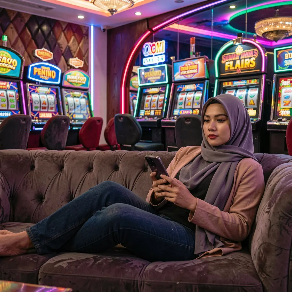 An Indonesian woman relaxing on a modern sofa while using the XR888 casino app with colorful slot machines and neon lights in the background