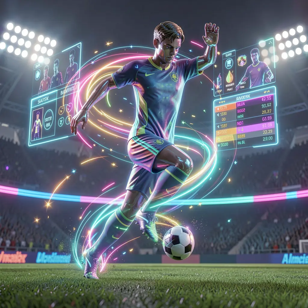 Dynamic neon soccer player surrounded by holographic betting options in a futuristic stadium showcasing the immersive XR888 betting experience for Indonesia