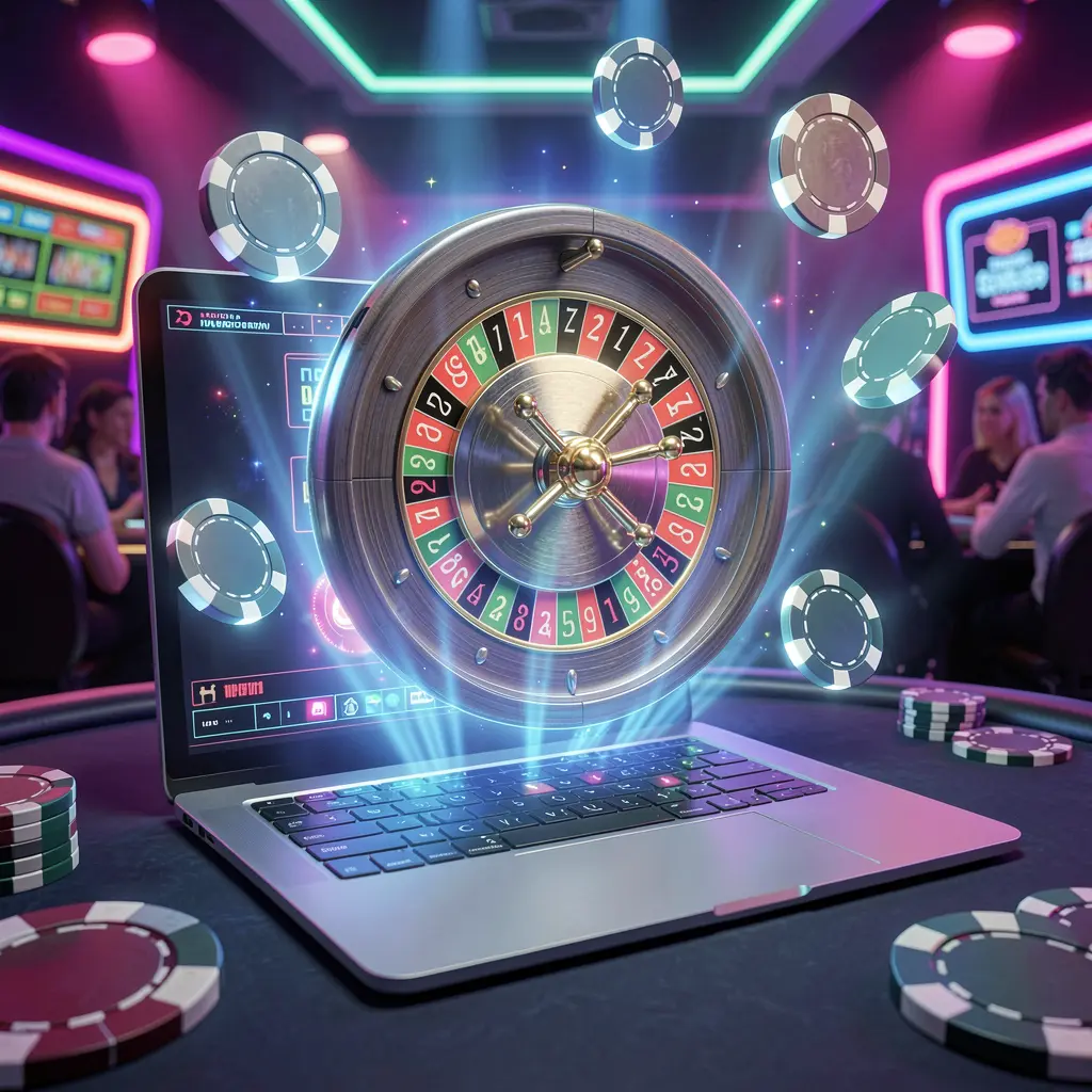 Neon lit roulette wheel floating above a laptop with digital casino chips showcasing the immersive XR888 online casino experience for Indonesian players