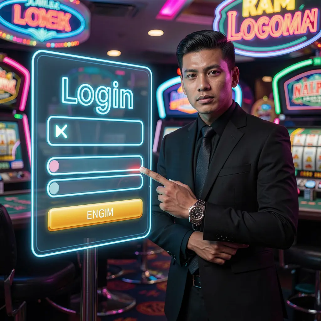 Stylish Indonesian casino dealer in a black suit pointing at a glowing digital login interface inside the XR888 casino platform