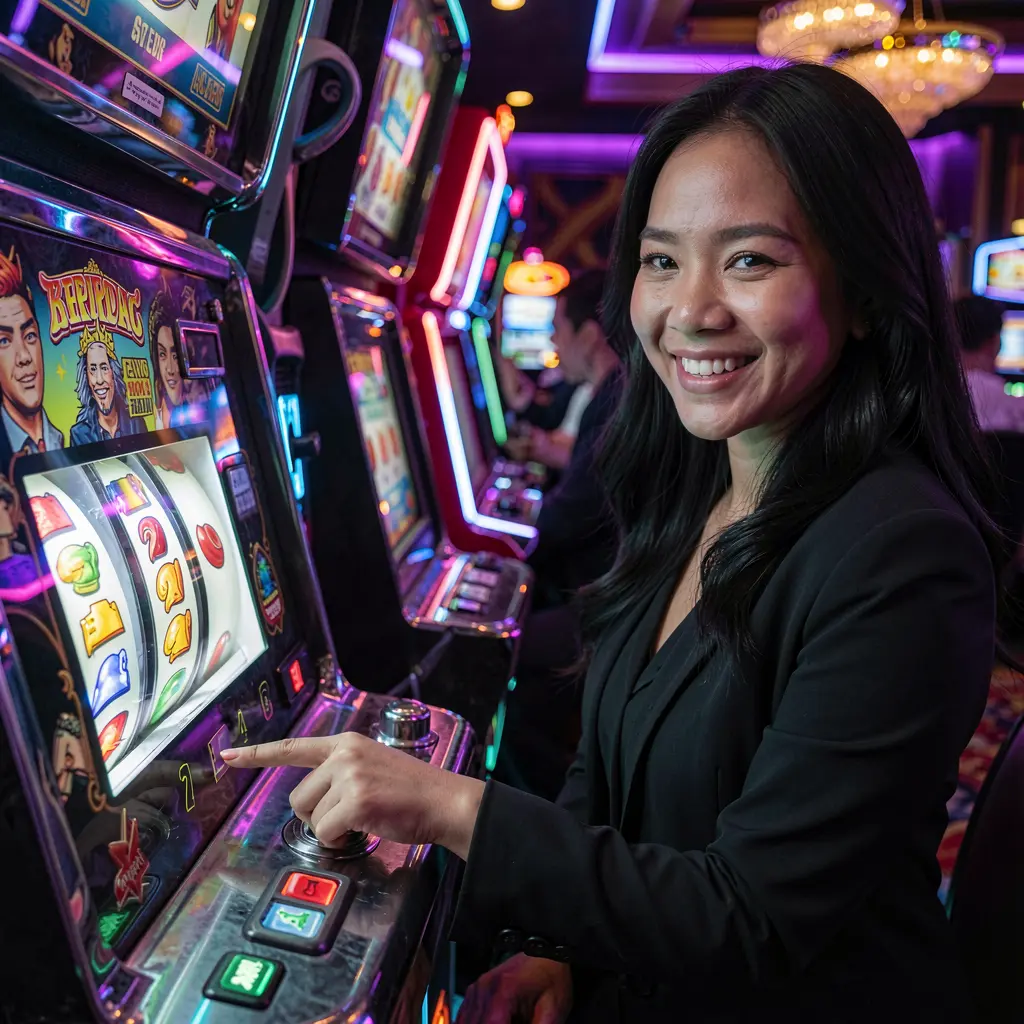 Elegant Indonesian woman enjoying colorful slot reels and bright casino lights while playing XR888 slots in a modern gaming environment
